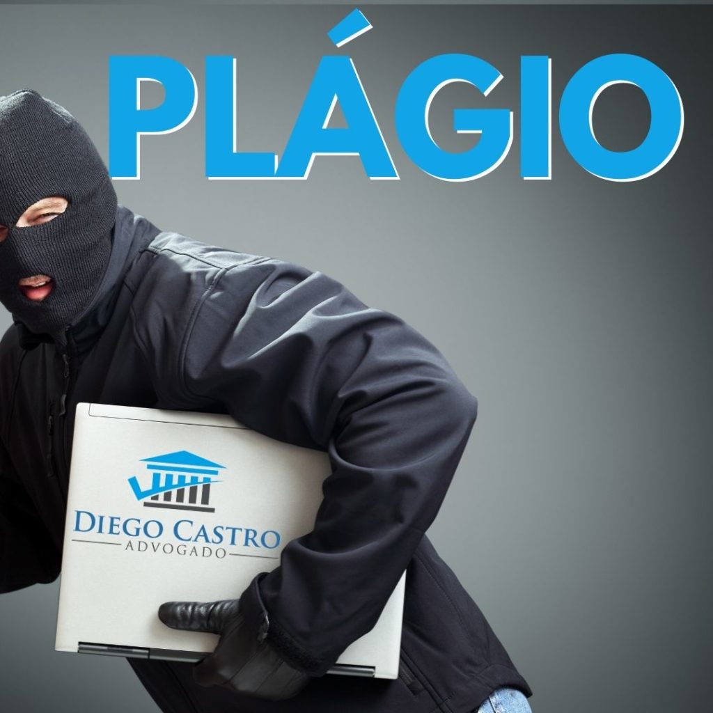 homem roubando laptop com a palavra plágio em azul