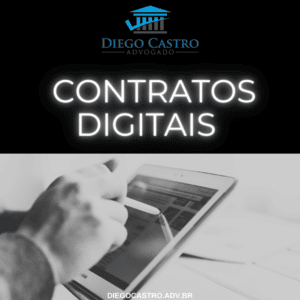 título: contratos digitais, na imagem a mão de um homem segurando um Tablet.